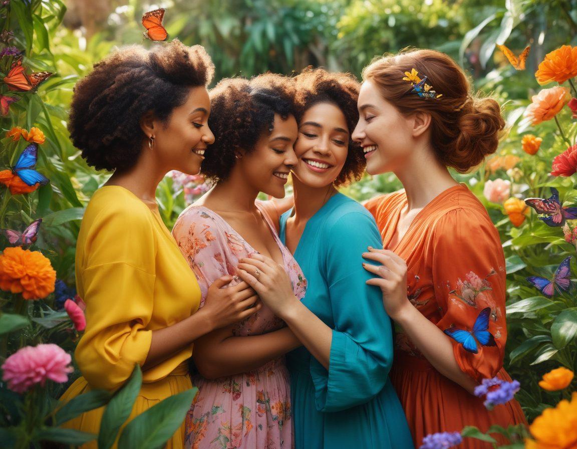 A vibrant and colorful scene featuring a diverse group of women embracing each other in a lush, whimsical garden, symbolizing intimacy and liberation. Elements of nature, such as blooming flowers and butterflies, reflect the essence of love and freedom. Incorporate rainbow colors subtly throughout the setting to celebrate diversity. The atmosphere should feel warm and inviting, capturing genuine moments of connection between the characters. super-realistic. vibrant colors. soft focus.