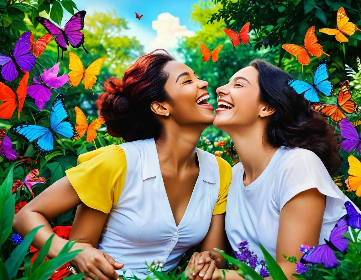 A colorful and vibrant depiction of two women sharing a joyful moment in a lush park, surrounded by blooming flowers and playful butterflies. They are laughing and engaged in a lively conversation, showcasing warmth and intimacy in their expressions. The background includes hints of rainbow colors symbolizing diversity and liberation. The scene conveys a sense of freedom and playfulness, capturing the essence of lesbian culture. super-realistic. vibrant colors. 3D.